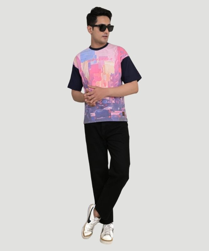 Men's Black Graphic Print Half Sleeves Oversized Fit T-Shirt